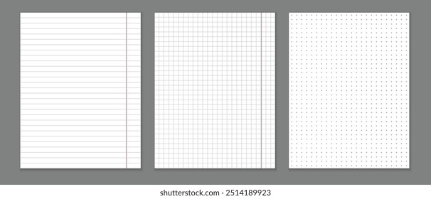 cuaderno de papel alineado, cuaderno de notas de gráfico de línea, cuaderno de tamaño de letra, Ilustración vectorial de páginas de cuaderno de gráfico de puntos.