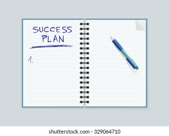 Lined paper notebook and pen. Creating strategy for personal success. Editable vector illustration.