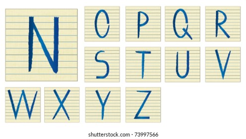 Lined paper notes with alphabet capital letters from N to Z