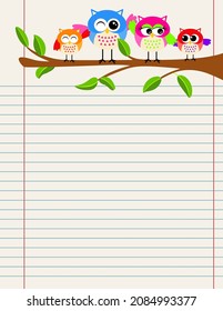 Lined paper with set of funny owls

