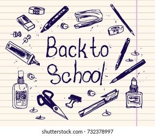 lined paper  with set school accessories. Back to school. Hand drawn school supplies. stationary shop. Marker, pencil, glue, knob, tack, pen, scotch tape, scissors, clamp, eraser. Vector illustration.