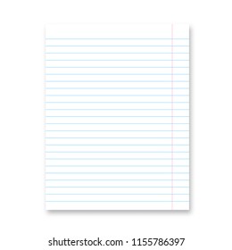 Lined paper sheet. Blank white notebook page with shadow isolated on  white. Stationery for education and office. Torn cell paper of school exercise book. Realistic vector illustration.  