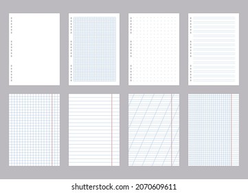 Lined paper sheet. Realistic empty school notebook page with lines grids and dots texture for homework, blank sketchbook and diary page. Vector set