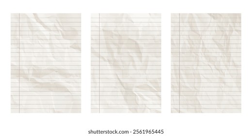 Lined paper sheets. Blank crumpled pages of a school notebook. Background paper texture