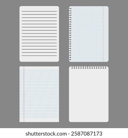 Lined paper sheets. Graph paper pages. Notebook page set. Blank writing template.