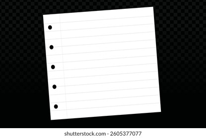 Lined paper vector with hole-punched edges on a dark checkered transparent background. Realistic 3D paper, perfect for notebook illustrations, school projects, or ruled paper designs with a clean, aca