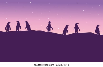 Lined penguin on hil scenery silhouette