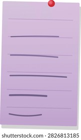 Lined purple paper note held by red push pin on transparent background. Useful for office reminders, school notes, creative brainstorming sessions, daily scheduling, and task management.