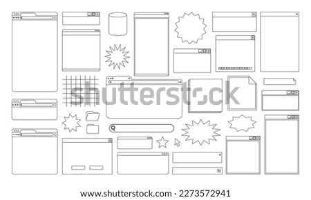 Lined Retro User Interface , Icon Website and Computer 90s, Set Desktop Program, windows boxes.