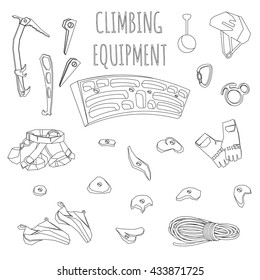 Lined rock climbing equipment and training gear isolated on white. Coloring sport wear and tools. Vector illustration