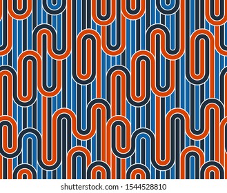 Lined seamless vector pattern with twisted lines, geometric abstract background, stripy net, optical maze, web network. Colorful design.