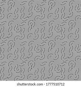 Lined seamless vector pattern with twisted lines, geometric abstract background, stripy net, optical maze, web network. Black and white design.