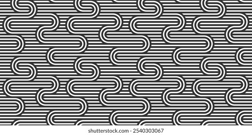 Lined seamless vector pattern with twisted lines, geometric abstract background, stripy net, optical maze, web network. Black and white design.