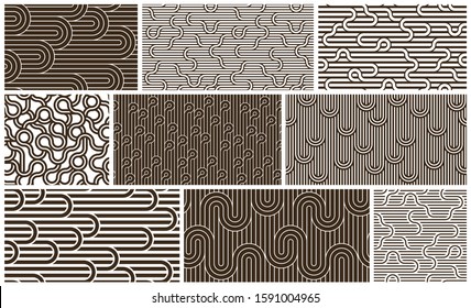 Lined seamless vector patterns with twisted lines, geometric abstract backgrounds set, stripy net, optical maze, web network.