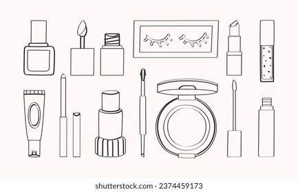 Lined Set of cosmetics makeup with foundation, lip tint, artificial eyelash, lipstick, lip gloss, lip liner, concealer, brow pencil, cushion, and concealer illustration.