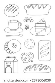 Lined Set of cute hand drawn bread products, cake and coffee shop elements, cafe bakery and pastry cartoon art illustration