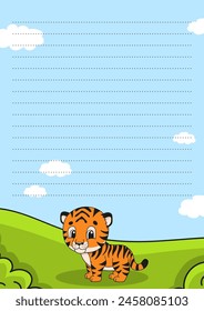 Lined sheet for notes. Paper page for journal, notebook, diary, letters, schedule, organizer. Cute cartoon character. Vector illustration.