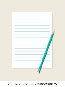 Lined sheet of paper and pencil realistic illustration