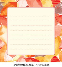 Lined sheet of paper for writing on colorful seamless background of autumn leaves. Letterhead on colorful background of autumn leaves. Card with colorful autumn leaves and frame.