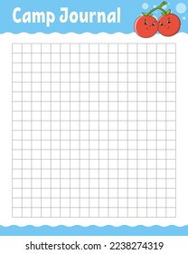 Lined sheet template for camp journal. Handwriting paper. For diary, planner, checklist, wish list. With cute character. Vector illustration.
