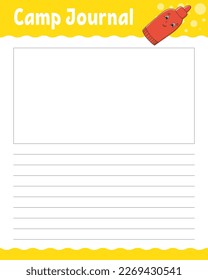 Lined sheet template for camp journal. Handwriting paper. For diary, planner, checklist, wish list. With cute character. Vector illustration.