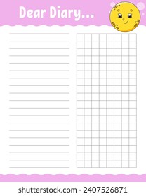 Lined sheet template. Handwriting paper. For diary, planner, checklist, wish list. With cute character. Vector illustration.