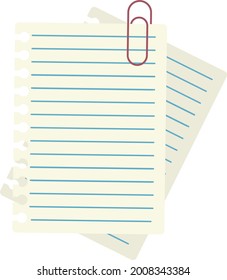 Lined sheets for writing. Sheets of paper on a paper clip. Flat design.