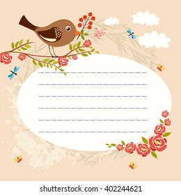 lined space for text. cute birds. bright spring flowers. vector illustration.