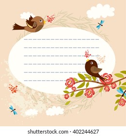 lined space for text. cute birds. bright spring flowers. vector illustration