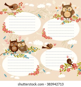 lined space for text. set of cute birds and owls.vector illustration