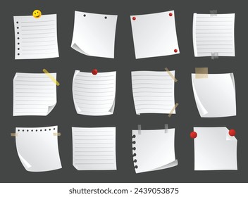 Juego de notas adhesivas forradas. Hojas de notas en blanco. Recordatorio de información. Bloc de notas y mensajes memorizados, hojas de papel. Ilustración de vector