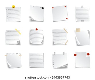 Lined sticky notes set. Blank note paper sheets. Information reminder. Notepads and memo messages, paper sheets. Vector illustration