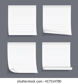 Lined sticky notes set, blank lined paper, lined paper with curl, vector eps10 illustration