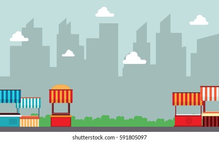 Lined street stall landscape with building background illustration