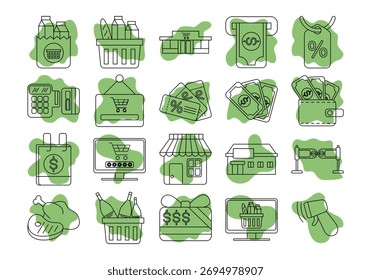 Conjunto de elementos de icono de supermercado alineado