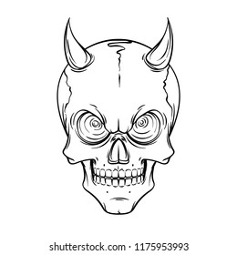 Lined tattoo illustration of skull. Vector scary illustration for tag, prints, t-shirt and design.