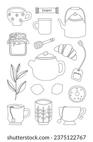 Lined tea elements with teacup, teapot, honey, lemon and croissant collection