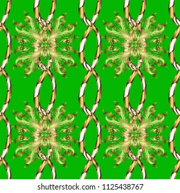 Lined tiled motif over colored background with curls style.Illustration in green, brown and yellow colors. Seamless pattern. Vector. Abstract background with islamic ornament, arabic geometric texture