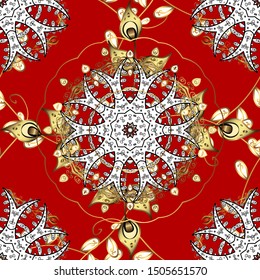 Lined tiled motif over colored background with curls style.Illustration in black, white and red colors. Abstract background with islamic ornament, arabic geometric texture. Vector. Seamless pattern.