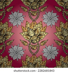 Motif de baldosa en lino sobre fondo de color con estilo de rizos.Ilustración en colores grises, amarillos y rosas. Vector. Patrón sin foco. Fondo abstracto con ornamento islámico, textura geométrica árabe.