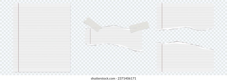 Lined whole sheet of paper and rip pieces. Lined note, notebook paper. Notebook paper pieces with sticky tape stuck on transparent. Blank mockup for presentation, advertising, website, apps. Vector