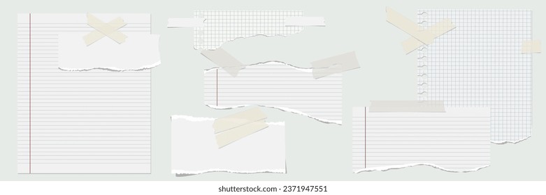 Lined whole sheet of paper and rip pieces with torn adges. Lined note. Notebook paper pieces with sticky tape stuck on gray. Blank mockup for text for presentation, advertising, website, apps. Vector