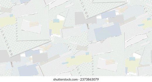 Lined whole sheet of paper and rip pieces with torn adges. Lined note. Notebook paper pieces with sticky tape stuck on white. Seamless pattern for presentation, advertising, website, apps. Vector