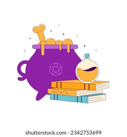 Lined Witch Cauldron with Potion Bottle and Magic Books
