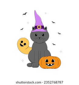 Lined Witchy Cat with Spooky Ghost and Smiley Pumpkin, Cartoon Vector