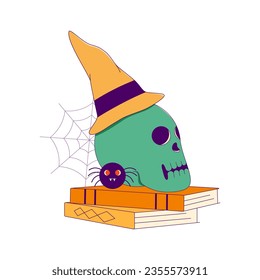 Lined Witchy Skull and Vampire Spider, Cartoon Vector