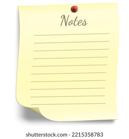 Lined yellow sheet paper for notes with pin on white background. Shadow under the sticker. Vector design element.