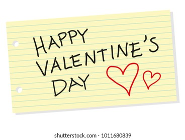 Lined yellow writing paper with holes and handwritten greetings  for valentines day and red hearts isolated on white - vector illustration
