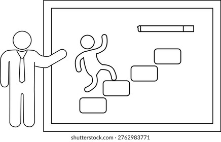 A linedrawing of a person climbing steps towards a cigarette on a board presented by a person in a tie