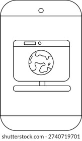 A linedrawing of a smartphone displaying a computer screen with a globe in the center